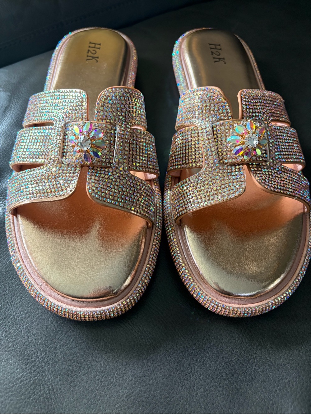 Rose Gold Crystal Brooch Slide Sandals - Women's Sparkle Slides